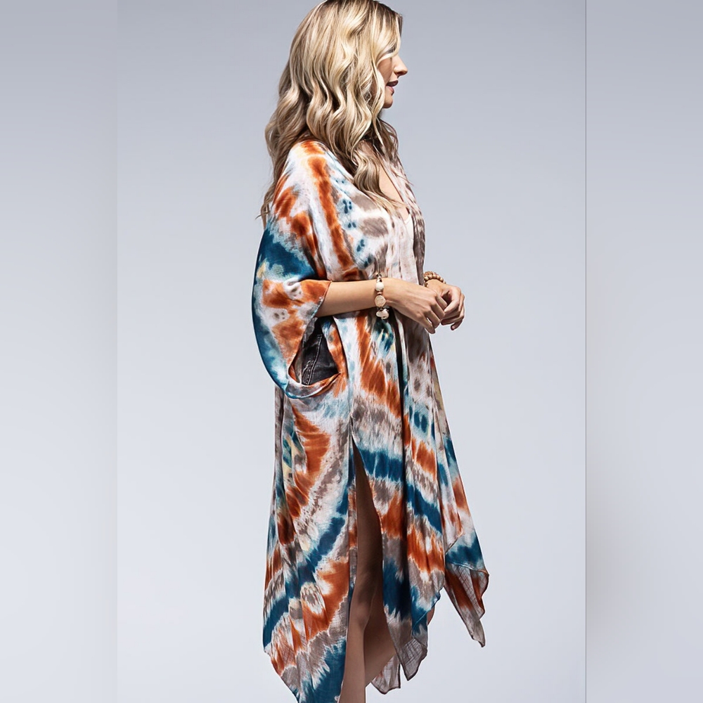 Vibrant Tie Dye Teal & Multi Color Kimono - Silky & Lightweight Material - Picture 3 of 5